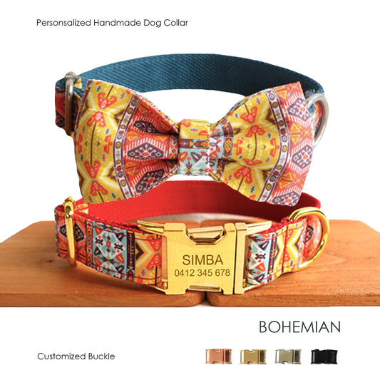 Bohemian Personalised Bow Tie Dog Collar Set