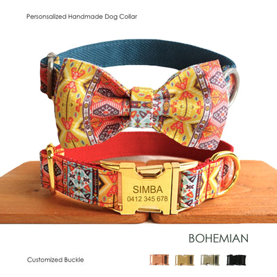 Bohemian Personalized Bow Tie Dog Collar Set