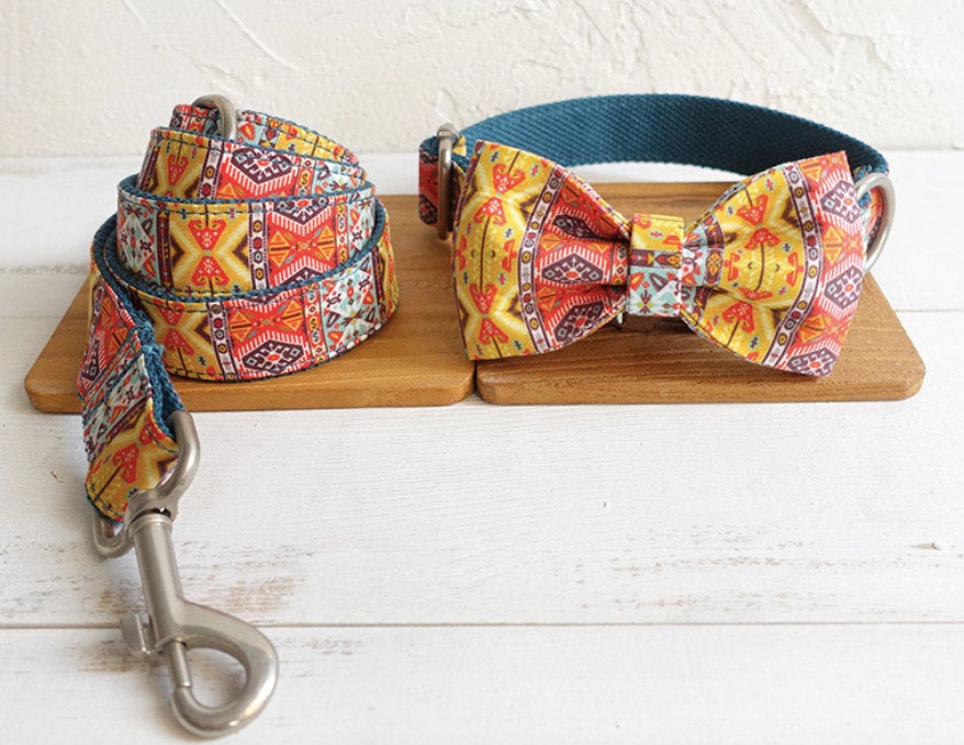Bohemian Personalised Bow Tie Dog Collar Set