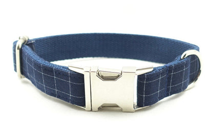 BLUE GREY PLAID Personalised Dog Collar Set