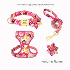 Pink Floral Autumn Dog Collar Leash Set with Bowtie and Harness