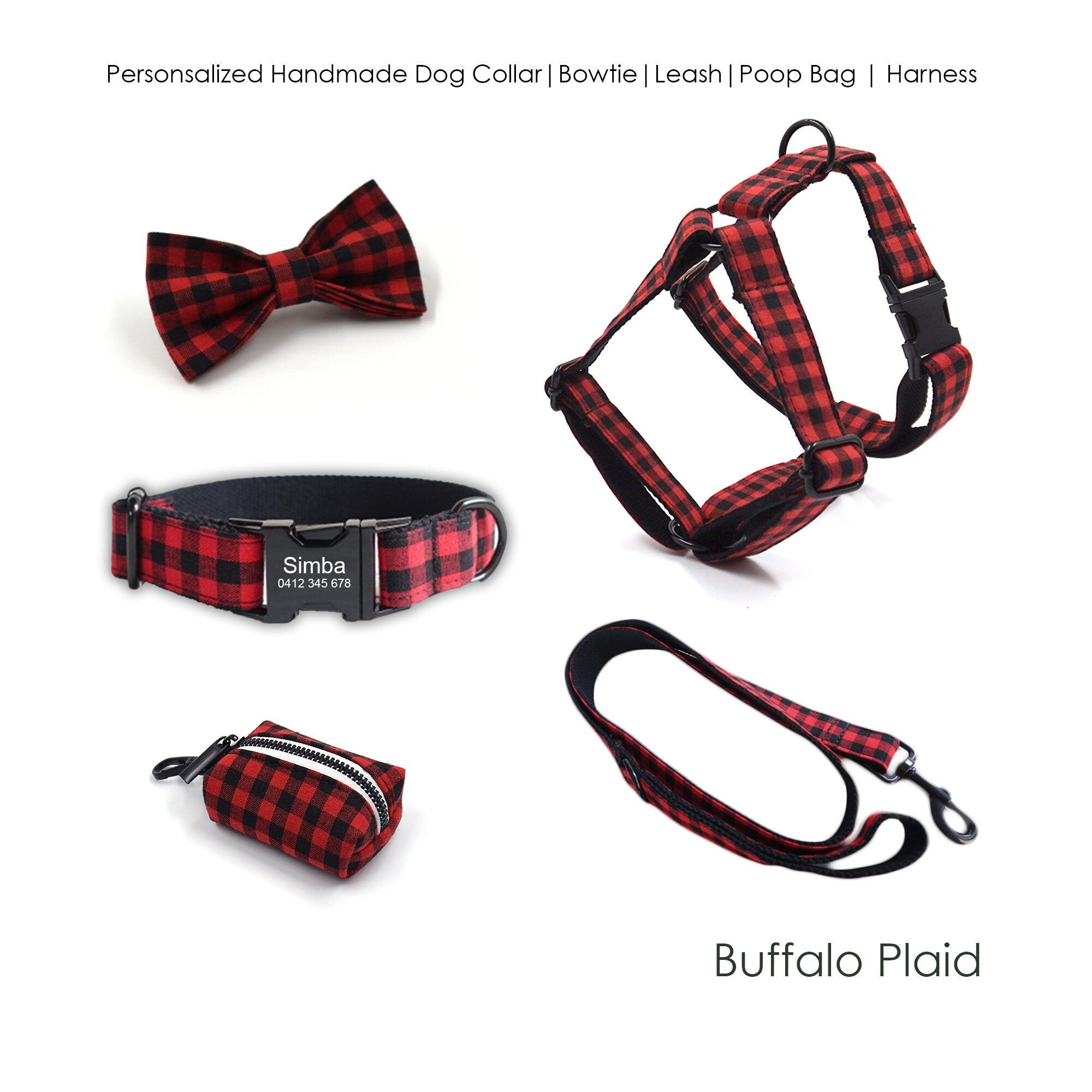 Bow Tie Buffalo Plaid Dog Leash Red Black Plaid Custom Dog's Different Combo XS All