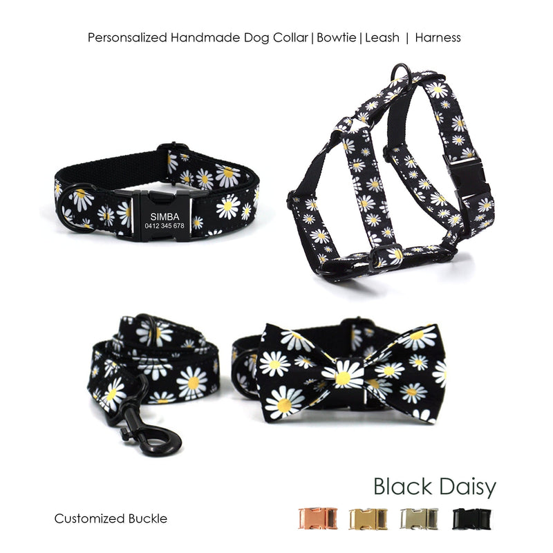 Personalized Black Daisy Custom Dog Collar Combo Set