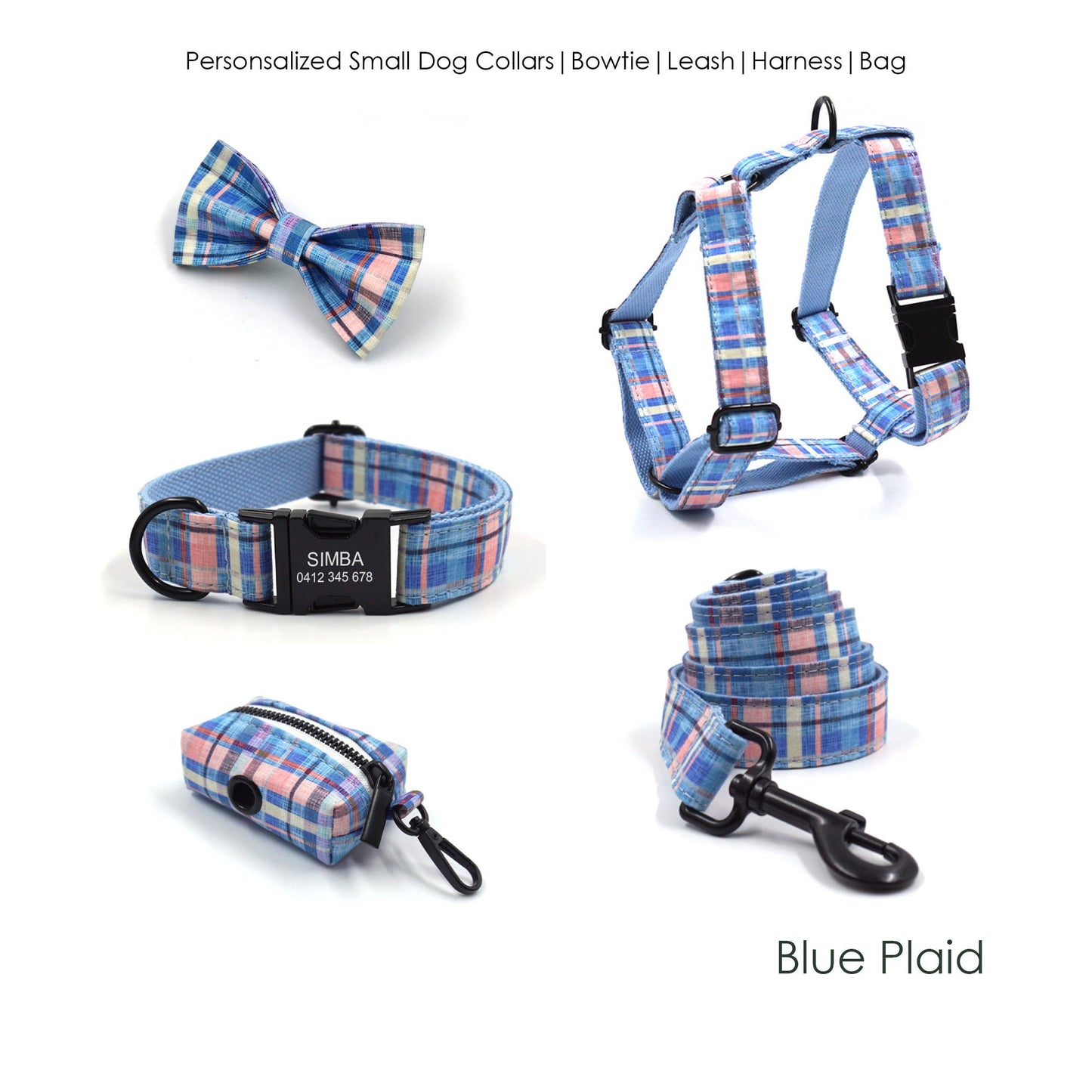 Custom Blue Plaid Dog Collar and Lead set, Harness, Poop Bag Combo