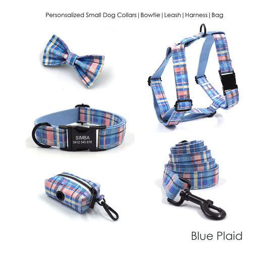 Custom Blue Plaid Dog Collar and Lead set, Harness, Poop Bag Combo
