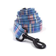 Custom Blue Plaid Dog Collar and Lead set, Harness, Poop Bag Combo