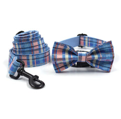 Custom Blue Plaid Dog Collar and Lead set, Harness, Poop Bag Combo