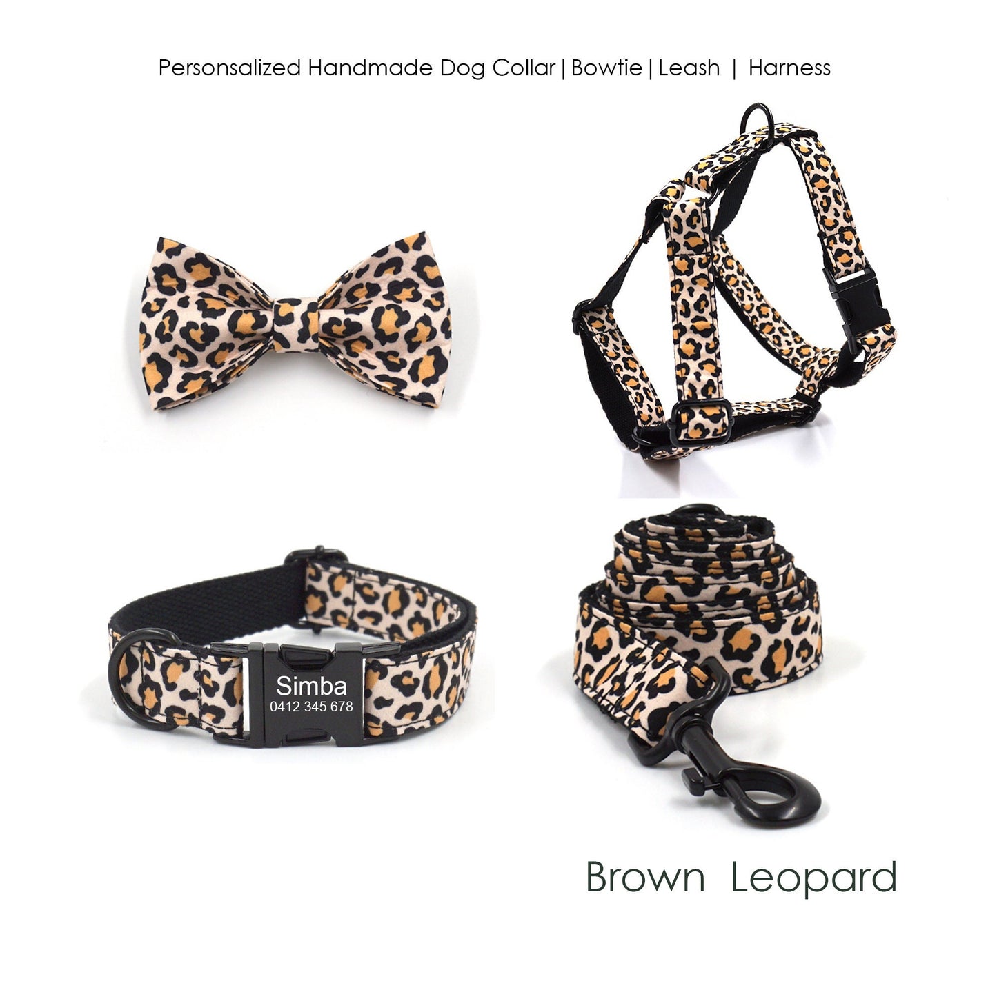 Personalised Brown Leopard Dog Collar or Dog Collar and Lead, Harness Set