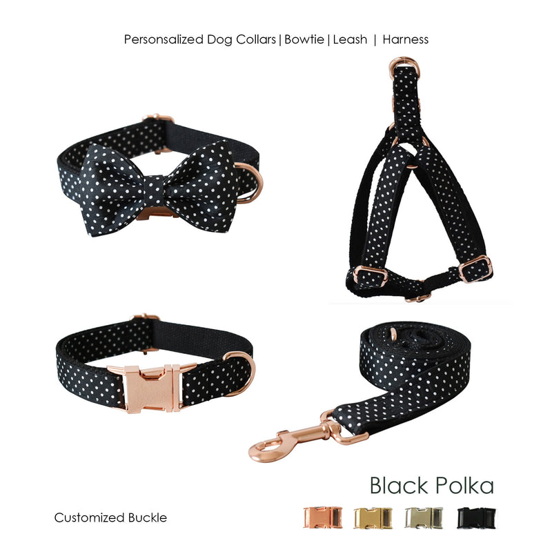 Black Polka Dog Collar and Lead Set, Bowtie and Harness Available