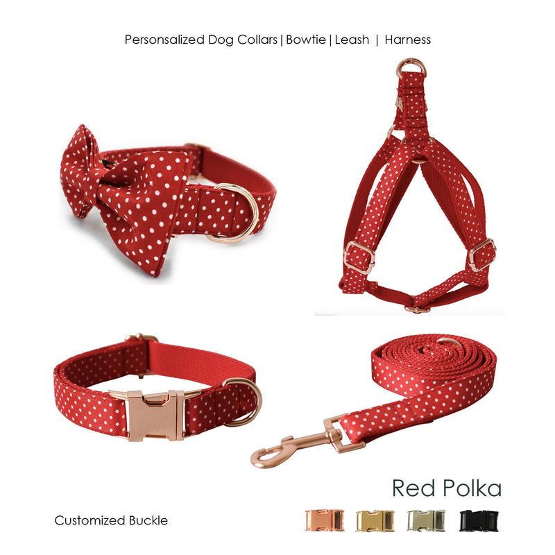 Red Polka Dot Dog Collar and Lead Set, Bowtie, and Step-in Harness