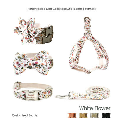 Personalize Engraved Handmade White Floral Dog Collar or Dog Collar and Lead Set