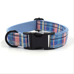 Custom Blue Plaid Dog Collar and Lead set, Harness, Poop Bag Combo