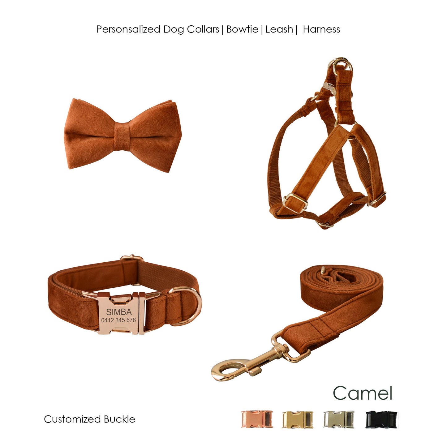 Personalised Thick Velvet Camel Color Dog Collar or Dog Collar and Lead Set