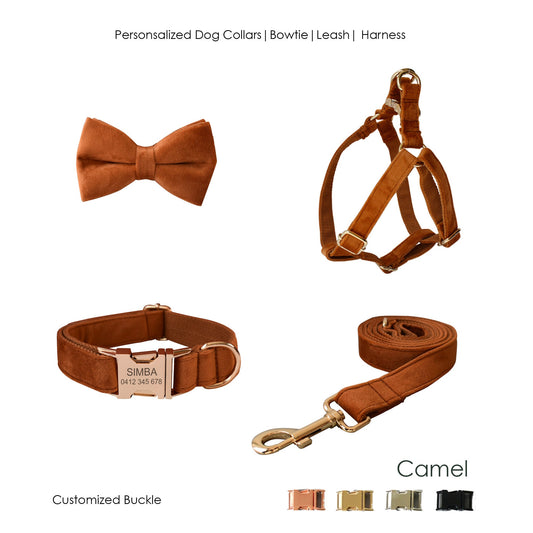 Personalised Thick Velvet Camel Color Dog Collar or Dog Collar and Lead Set