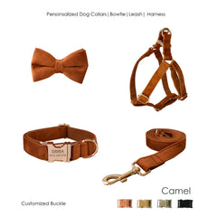 Personalized Engraved Handmade Thick Velvet Camel Color Dog Collar or Dog Collar and Lead Set, Matching Bowtie and Harness Available