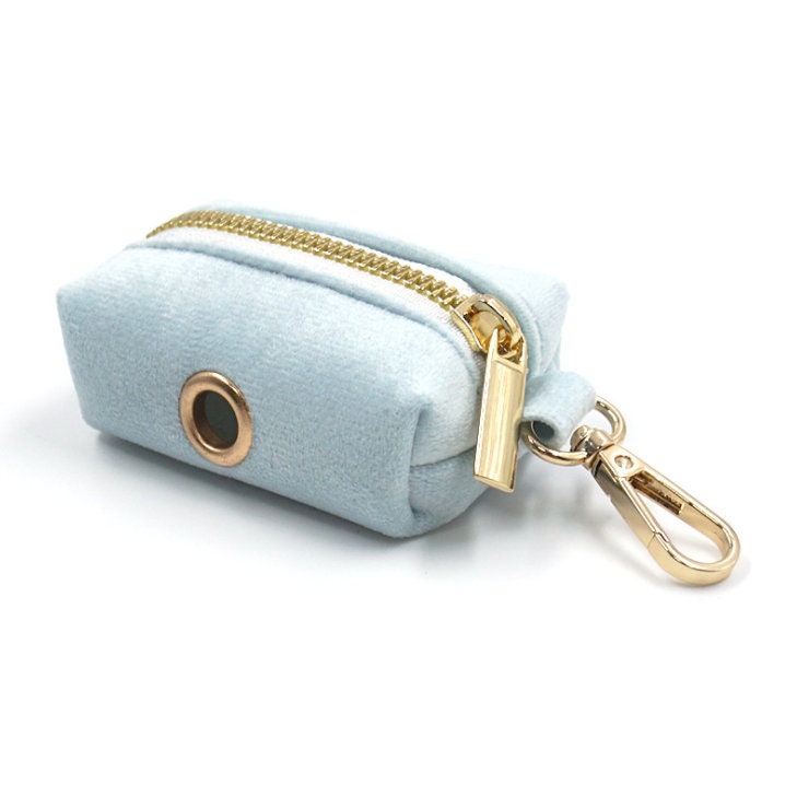 Custom Baby Blue Velvet Personalised Dog Collar, Matching Dog Bowtie, Dog Leash, Dog Harness and Dog Poop Bag