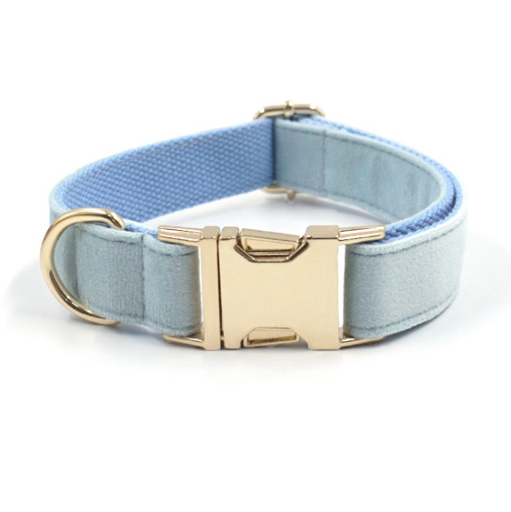 Custom Baby Blue Velvet Personalised Dog Collar, Matching Dog Bowtie, Dog Leash, Dog Harness and Dog Poop Bag