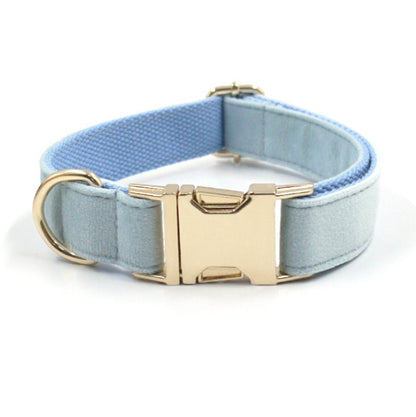 Custom Baby Blue Velvet Personalised Dog Collar, Matching Dog Bowtie, Dog Leash, Dog Harness and Dog Poop Bag