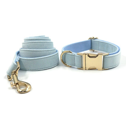 Custom Baby Blue Velvet Personalised Dog Collar, Matching Dog Bowtie, Dog Leash, Dog Harness and Dog Poop Bag