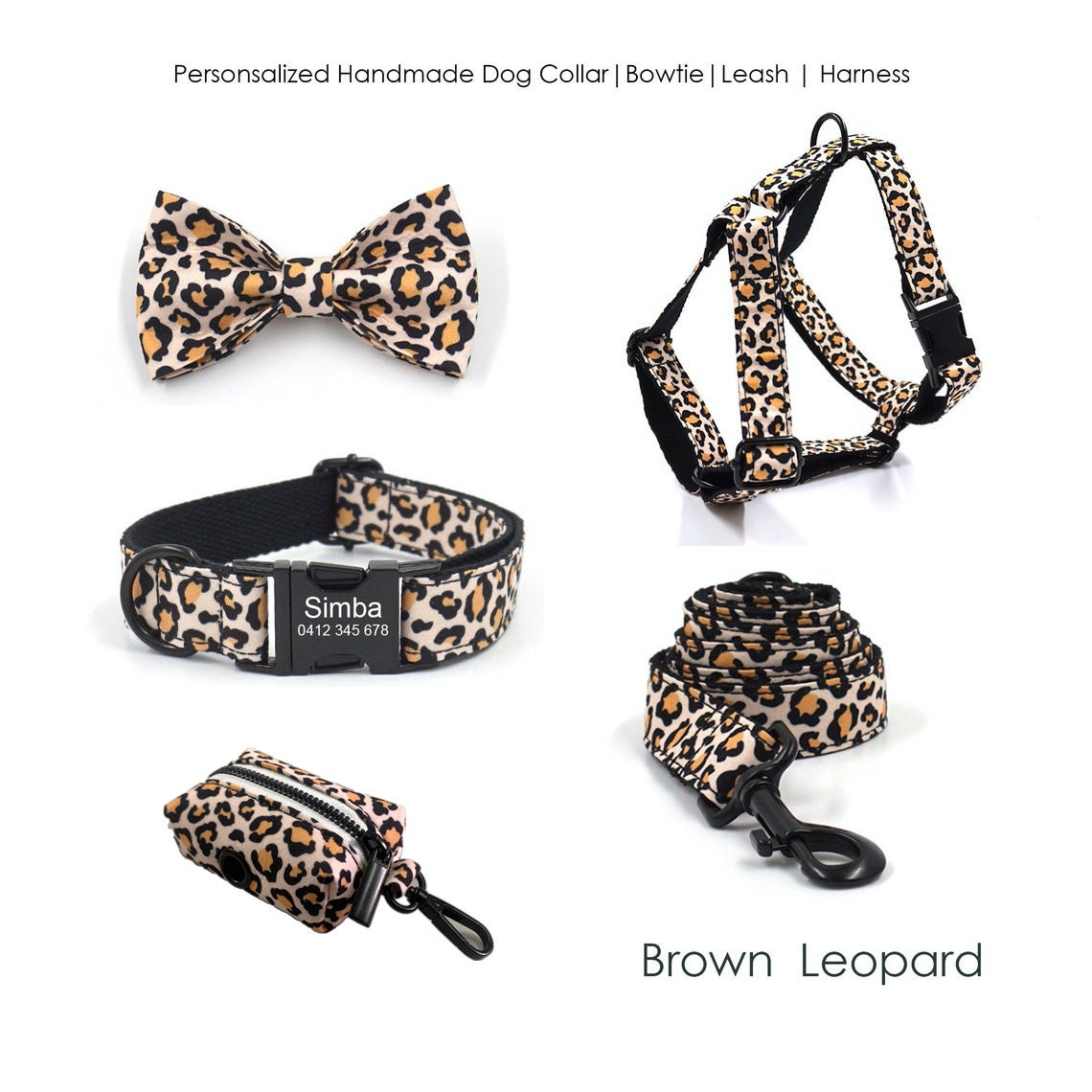 Personalised Brown Leopard Dog Collar or Dog Collar and Lead, Harness Set