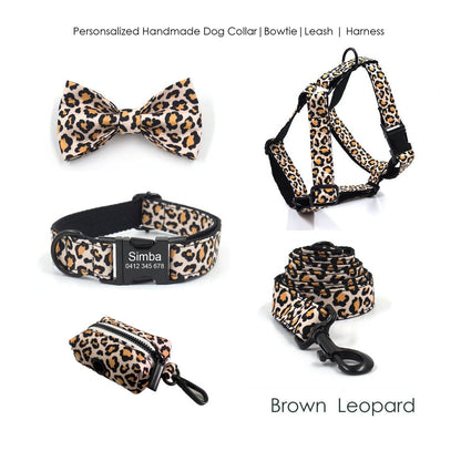 Personalised Brown Leopard Dog Collar or Dog Collar and Lead, Harness Set