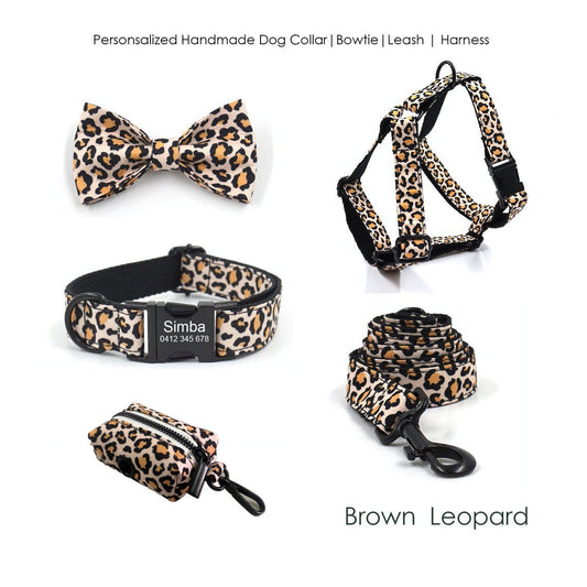 Personalised Brown Leopard Dog Collar or Dog Collar and Lead, Harness Set