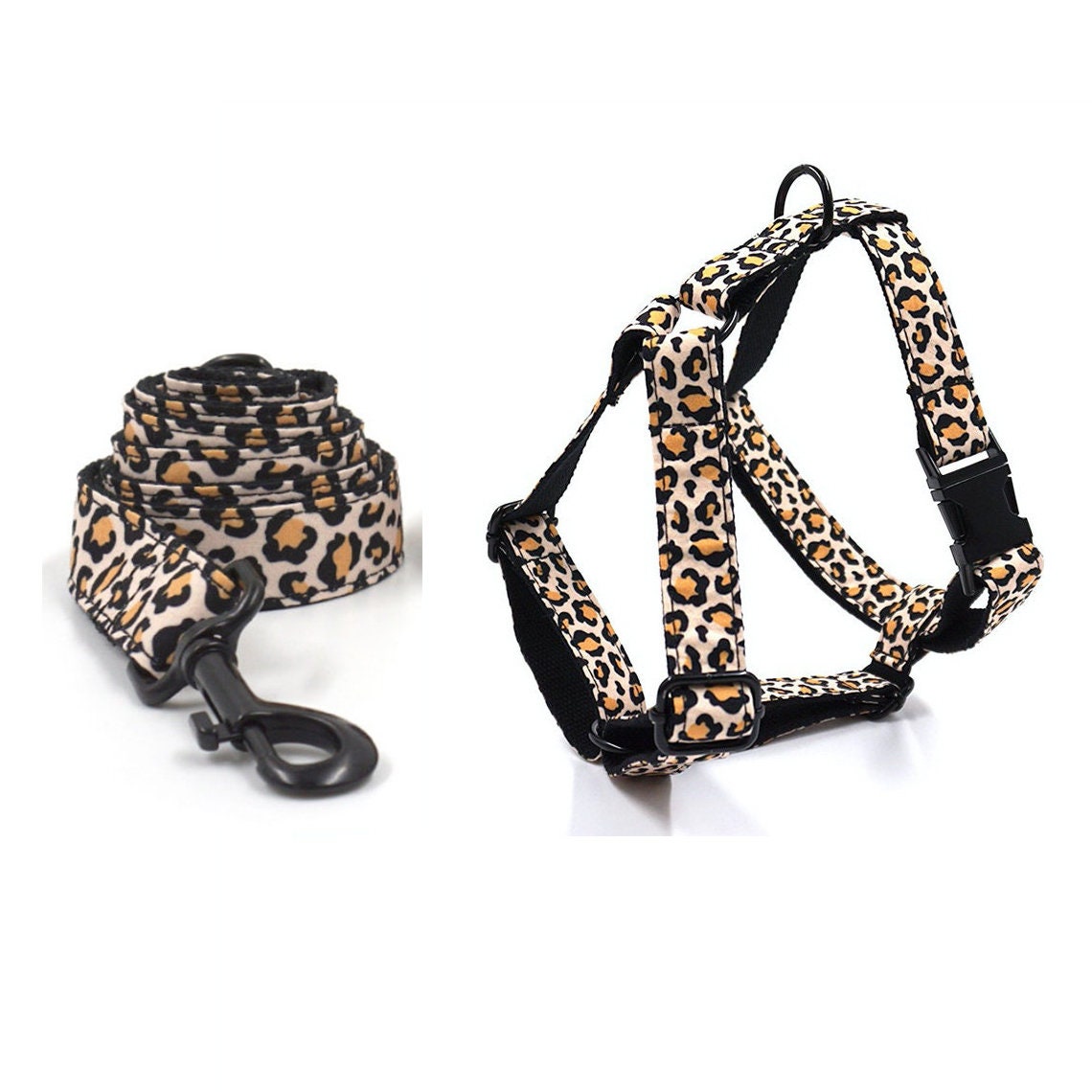Personalised Brown Leopard Dog Collar or Dog Collar and Lead, Harness Set