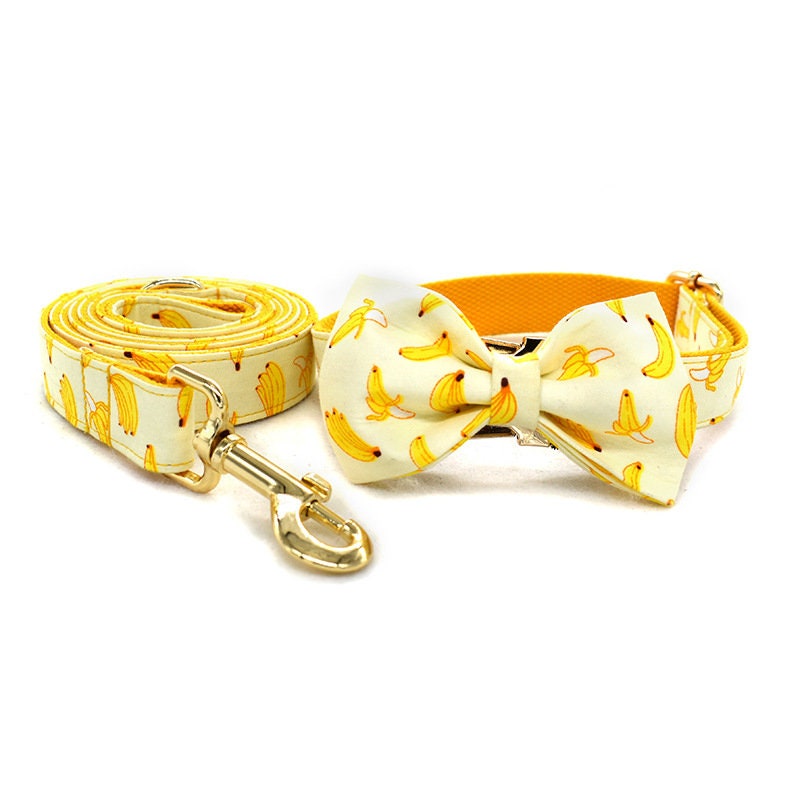 Personalised Dog Collar with matching Bowtie, Leash and Step in Harness in Yellow Banana Pattern, Trendy for All Occasions