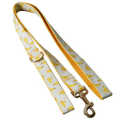 Personalized Engraved Handmade Dog Collar with matching Bowtie, Leash and Step in Harness in Yellow Banana Pattern, Trendy for All Occasions