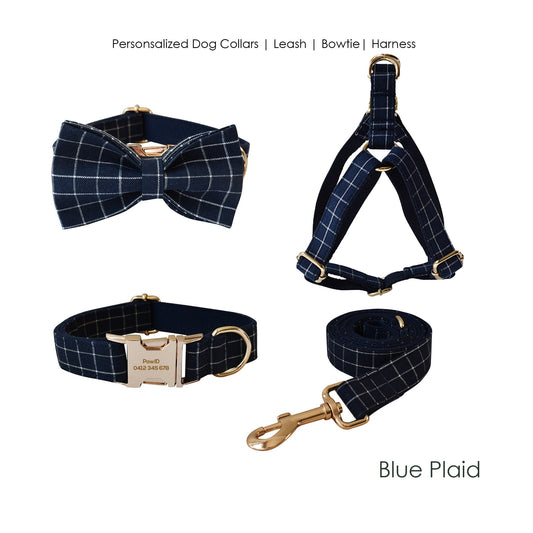 Personalised Blue Plaid Dog Collar or Dog Collar and Lead Set