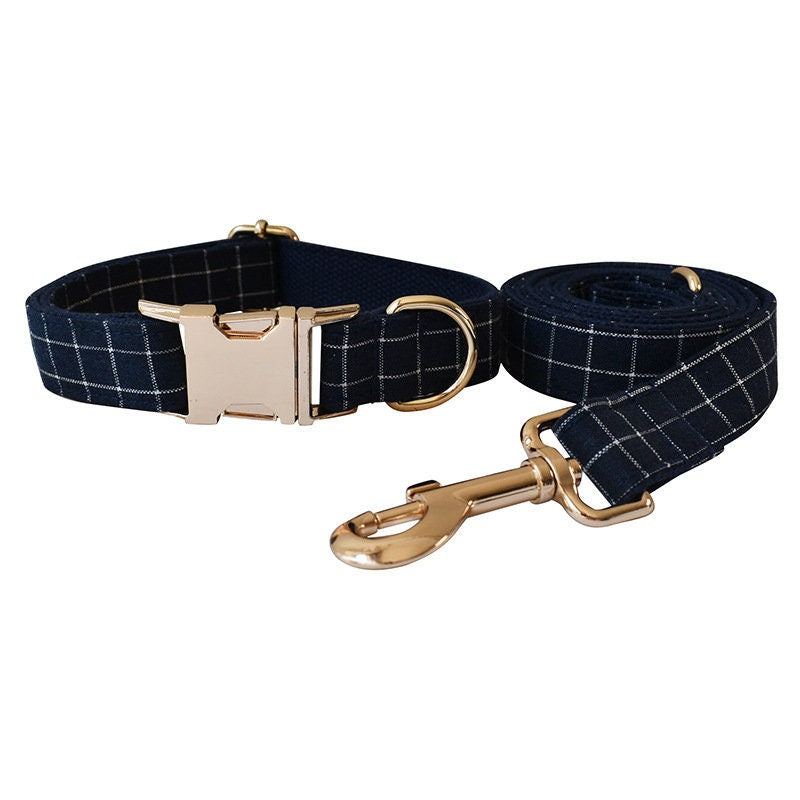 Personalised Blue Plaid Dog Collar or Dog Collar and Lead Set