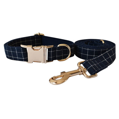 Personalised Blue Plaid Dog Collar or Dog Collar and Lead Set