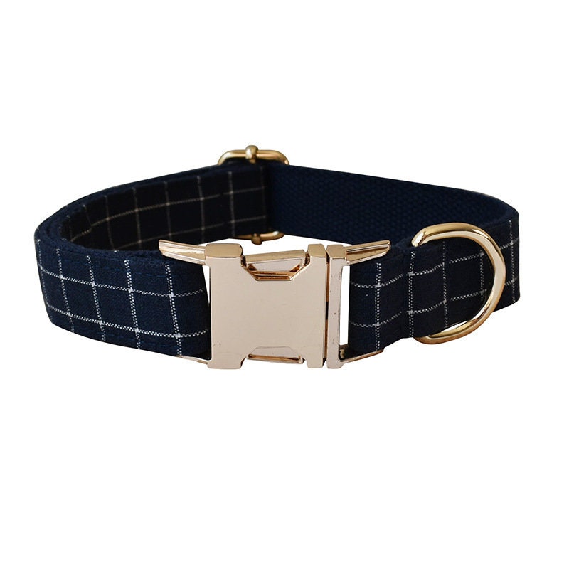 Personalised Blue Plaid Dog Collar or Dog Collar and Lead Set