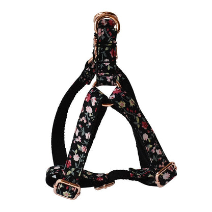 Black Floral Dog Collar and Lead Set, Bowtie and Step-in Harness