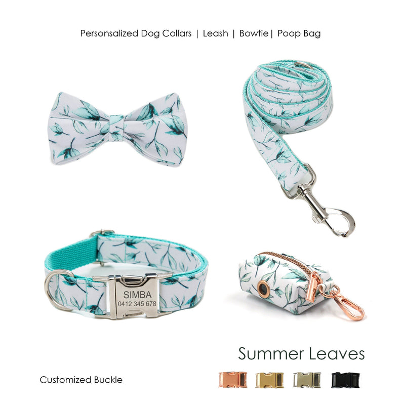 Summer Leaves Custom Dog Collar and Lead Set with Poop Bag