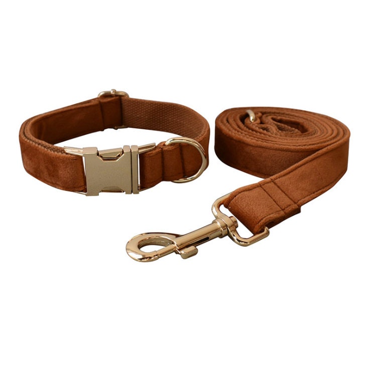 Personalised Thick Velvet Camel Color Dog Collar or Dog Collar and Lead Set