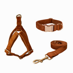 Personalized Engraved Handmade Thick Velvet Camel Color Dog Collar or Dog Collar and Lead Set, Matching Bowtie and Harness Available