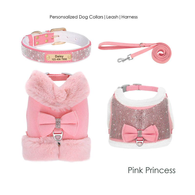 Fur Padded Harness and Rhinestone Dog Collar with Matching Leash