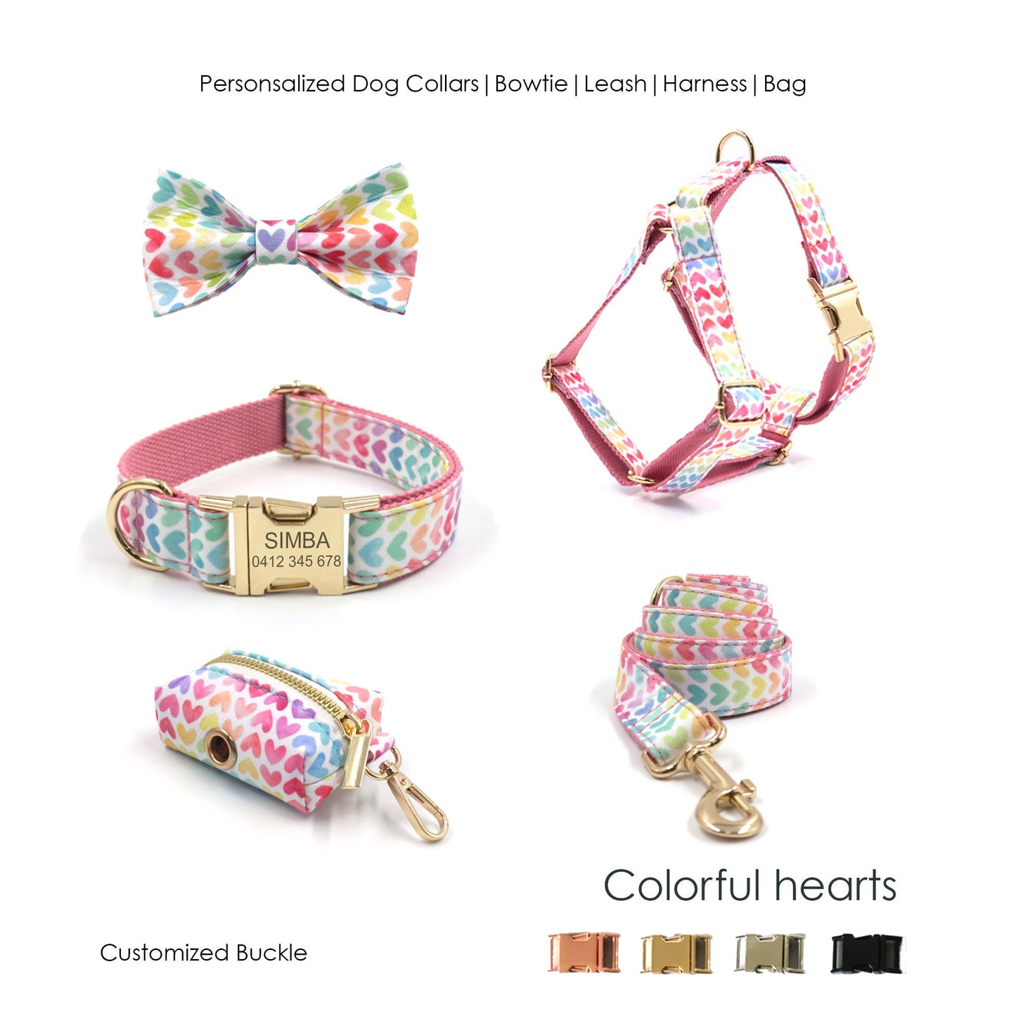 Colorful Hearts Dog Collar and Lead set, in