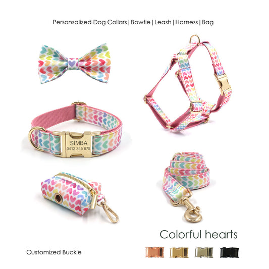 Colorful Hearts Dog Collar and Lead set, in