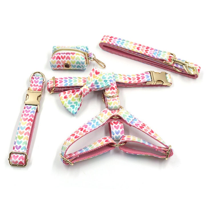Colorful Hearts Dog Collar and Lead set, in