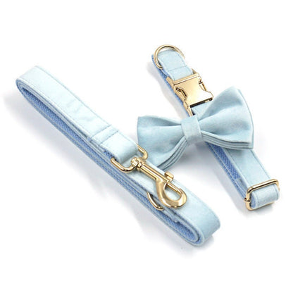 Custom Baby Blue Velvet Personalised Dog Collar, Matching Dog Bowtie, Dog Leash, Dog Harness and Dog Poop Bag