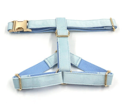 Custom Baby Blue Velvet Personalised Dog Collar, Matching Dog Bowtie, Dog Leash, Dog Harness and Dog Poop Bag