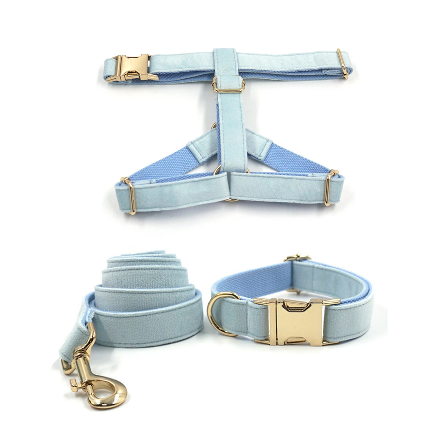 Custom Baby Blue Velvet Personalised Dog Collar, Matching Dog Bowtie, Dog Leash, Dog Harness and Dog Poop Bag