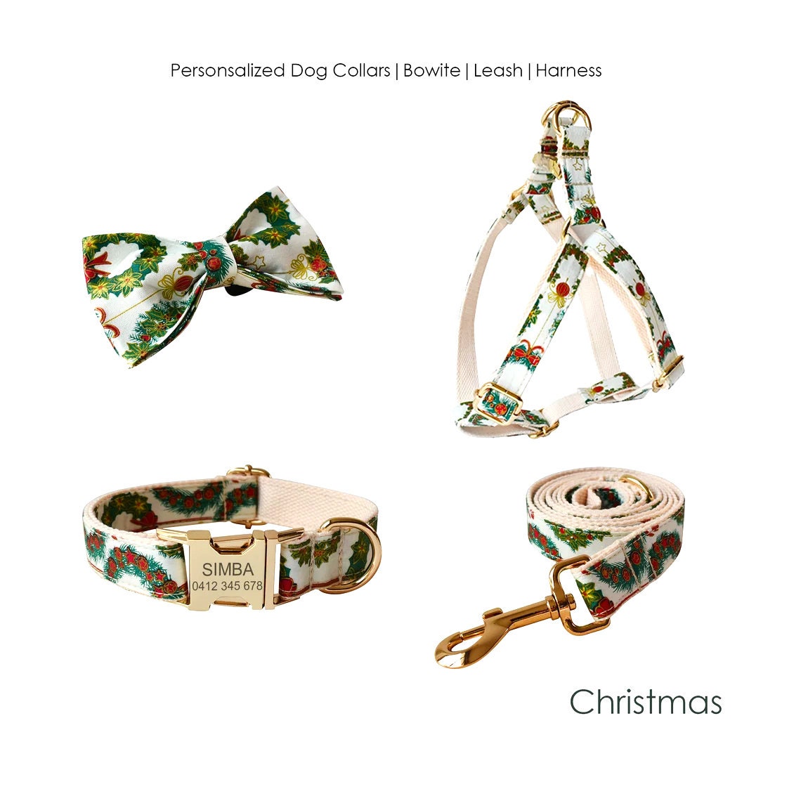 Personalised Christmas Dog Collar or Dog Collar and Lead Set