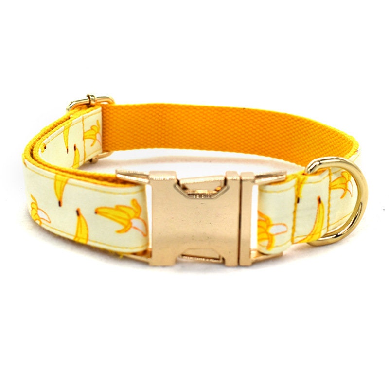 Personalised Dog Collar with matching Bowtie, Leash and Step in Harness in Yellow Banana Pattern, Trendy for All Occasions