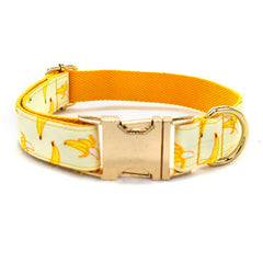 Personalized Engraved Handmade Dog Collar with matching Bowtie, Leash and Step in Harness in Yellow Banana Pattern, Trendy for All Occasions