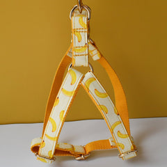 Personalized Engraved Handmade Dog Collar with matching Bowtie, Leash and Step in Harness in Yellow Banana Pattern, Trendy for All Occasions