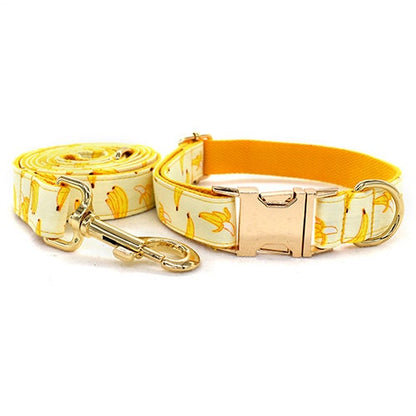 Personalised Dog Collar with matching Bowtie, Leash and Step in Harness in Yellow Banana Pattern, Trendy for All Occasions