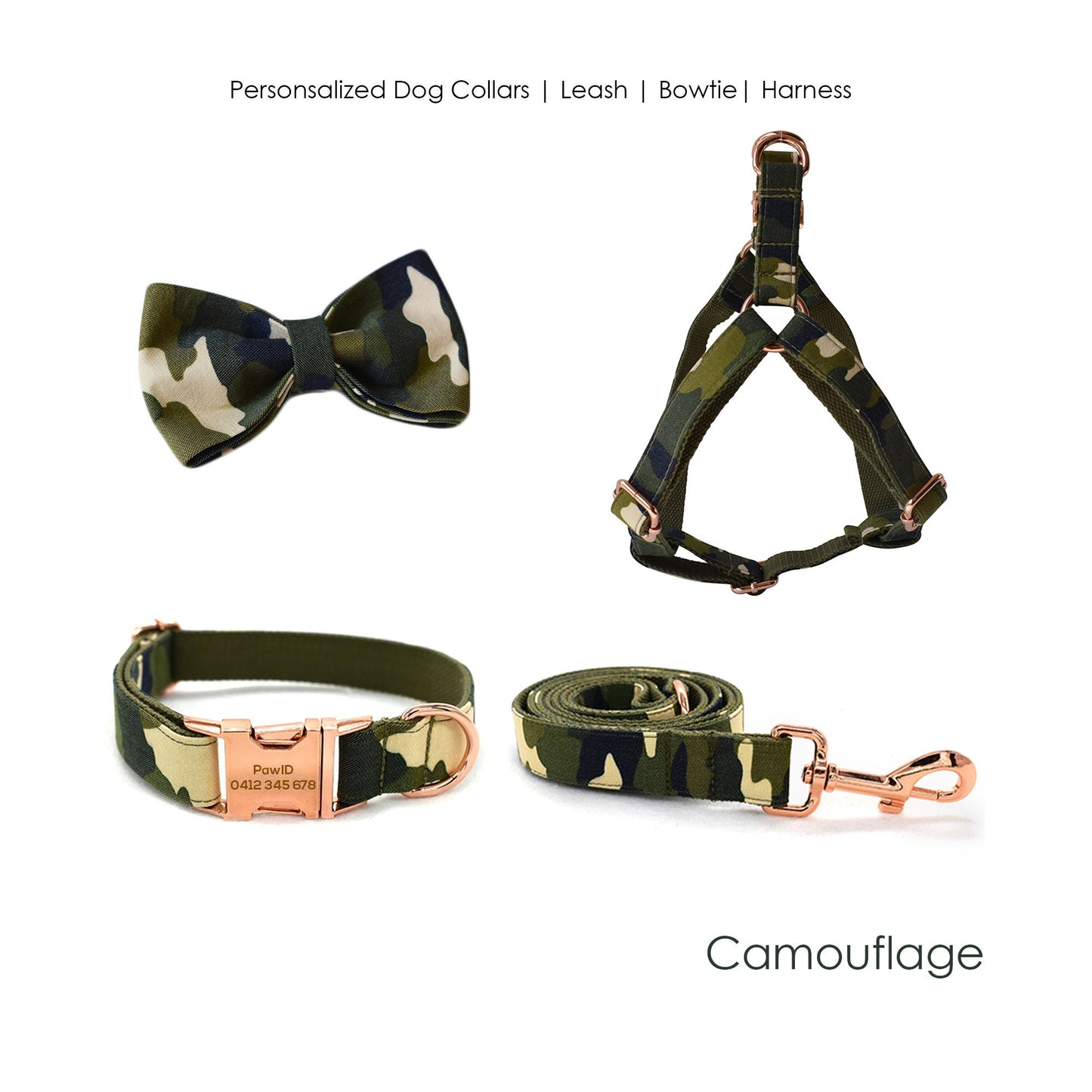 Personalised Camouflage Dog Collar or Dog Collar and Lead Set